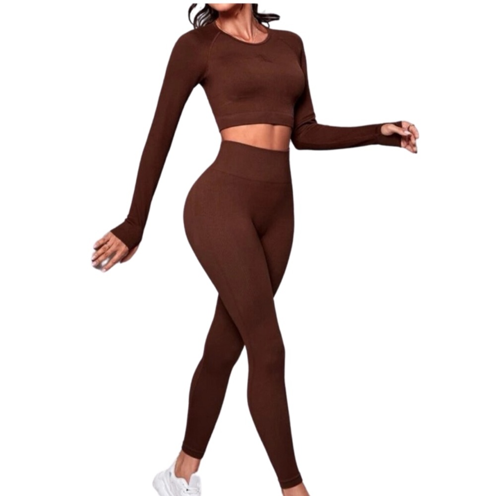 2pcs Ribbed Seamless Yoga Set Fitness, brown size L 8/10